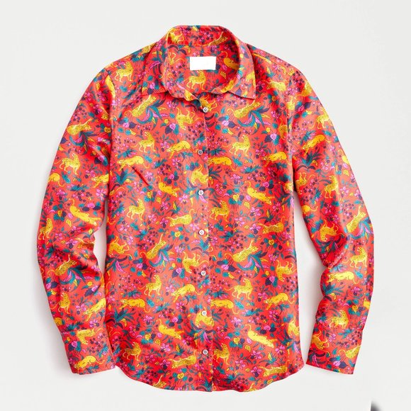 J.Crew 100% Silk Whimsical Button Up Shirt Blouse Floral Animal Cheetah Print - Picture 2 of 11